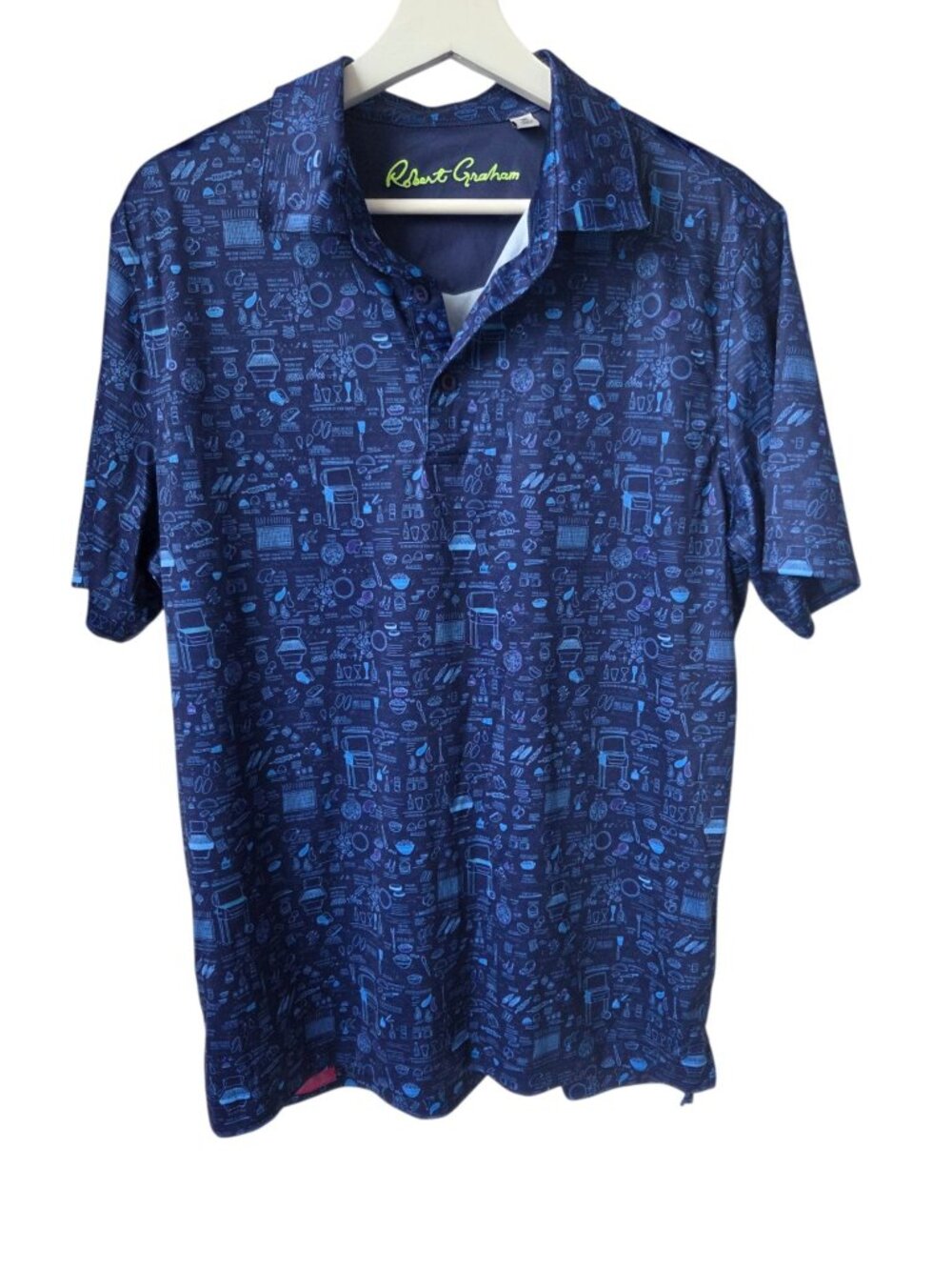 Robert Graham Mens Classic Fit BBQ Print Polo Shirt Medium Blue